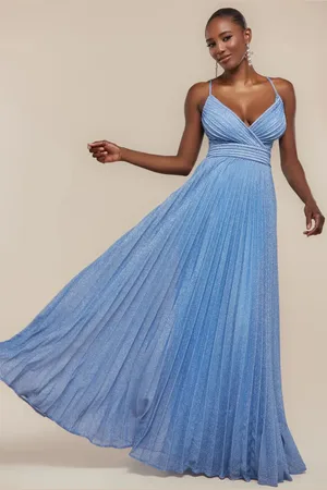 Goddiva Sleeveless Pleated A Line Lurex Maxi Dress
