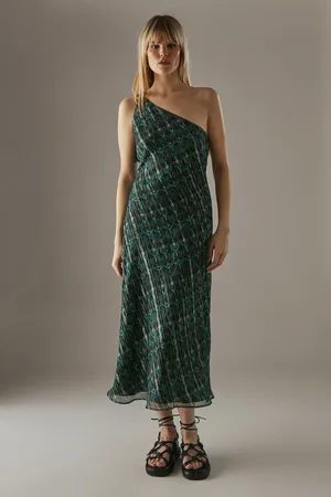 warehouse Metallic Chiffon One Shoulder Bias Midi Dress
