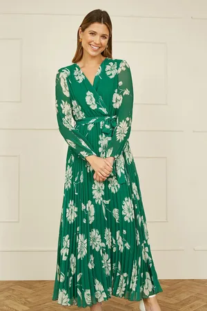 Yumi Floral Pleated Midi Wrap Long Sleeve Dress