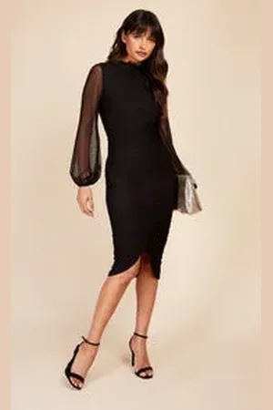 Little Mistress Spot Mesh Ruched Midi Dress