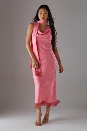warehouse Petite Satin Jacquard Cowl Scarf Neck Fringe Midi Slip Dress
