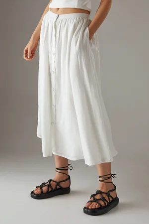 warehouse Premium Linen Blend Drop Waist Button Through Maxi Skirt