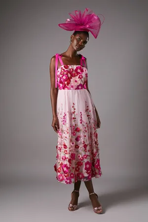 Coast Embroidered Floral Mesh Midi Wedding Guest Dress