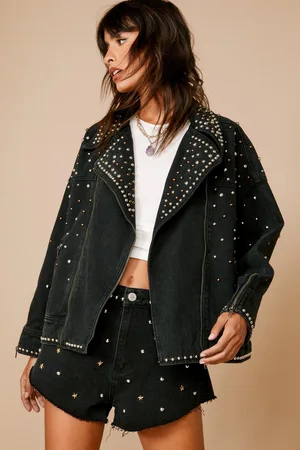NASTY GAL Premium Embellished Studded Denim Biker Jacket