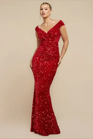 Goddiva Multi Sequin & Velvet Bardot Maxi