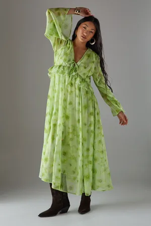 warehouse Petite Chiffon Plunge Neck Ruffle Midi Smock Dress