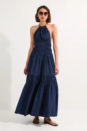 Karen Millen Shirred Cotton Tiered Halter Neck Woven Maxi Dress