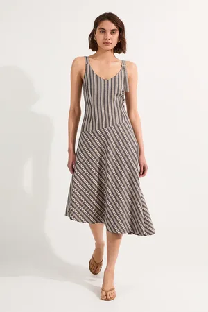 Karen Millen Tailored Stripe Linen Strappy Asymmetric Hem Midi Dress