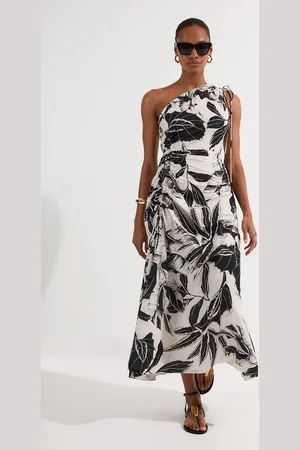 Karen Millen Tall Palm Border Print Cotton Voile One Shoulder Midi Dress