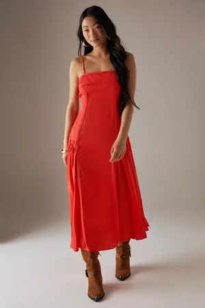 warehouse Petite Satin Lace Trim Detail Godet Strappy Midi Dress