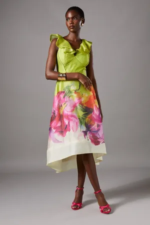 Coast Printed Ruffle Neck Fit And Flare Dress