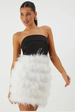 MissPap Bandeau Satin Feather Mini Dress