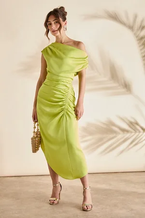 Coast Satin Ruched One Shoulder Asymmetric Hem Midi Dress