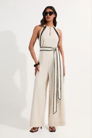 Karen Millen Lace Trim Insert Linen Woven Jumpsuit
