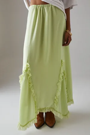 warehouse Satin Lace Godet Hanky Hem Midi Skirt