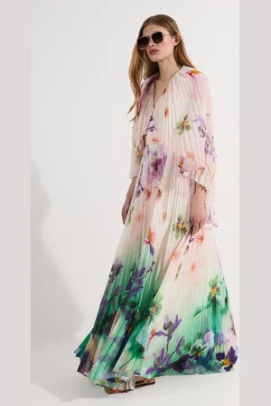 Karen Millen Pleated Floral Cape Sleeve Plunge Neck Woven Maxi Dress