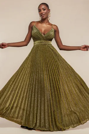 Goddiva Sleeveless Pleated A Line Lurex Maxi Dress