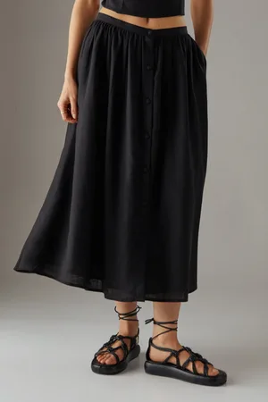 warehouse Premium Linen Blend Drop Waist Button Through Maxi Skirt