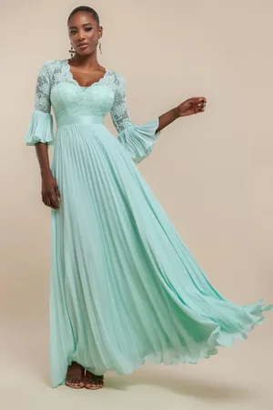 Goddiva Scalloped Lace Bodice Pleated Chiffon A Line Maxi Dress