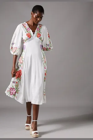 Coast Floral Neckline Embroidered Puff Sleeve Midi Dress