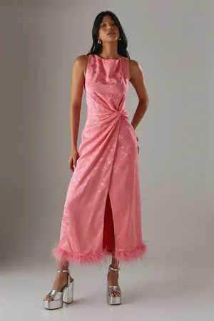warehouse Satin Jacquard Feather Twist Front Cowl Back Midi Dress