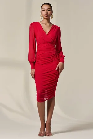 Jolie Moi Long Sleeve Ruched Mesh Midi Dress