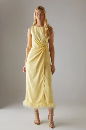 warehouse Satin Jacquard Feather Twist Front Cowl Back Midi Dress