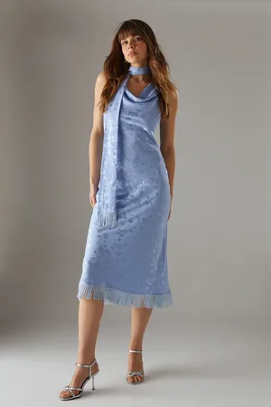 warehouse Satin Jacquard Cowl Scarf Neck Fringe Midi Slip Dress