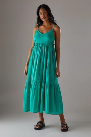 warehouse Cotton Dobby Strappy Tie Waist Midi Sundress