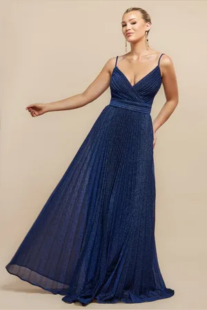 Goddiva Sleeveless Pleated A Line Lurex Maxi Dress