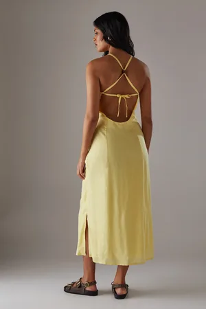 warehouse Premium Linen Blend Racer Tie Back Midi Dress