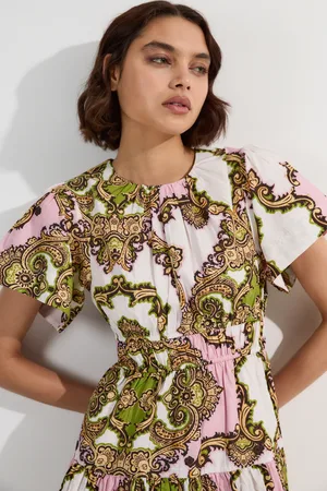 Karen Millen Tall Shirred Cotton Tiered Tile Print Woven Mini Dress