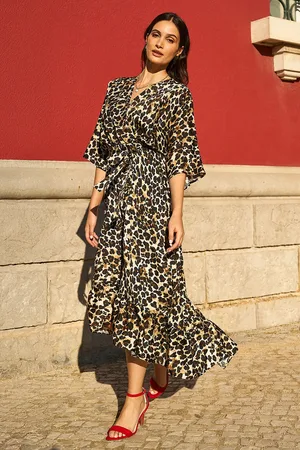 Yumi Leopard Midi Wrap Dress With Kimono Sleeves