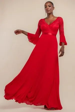 Goddiva Scalloped Lace Bodice Pleated Chiffon A Line Maxi Dress