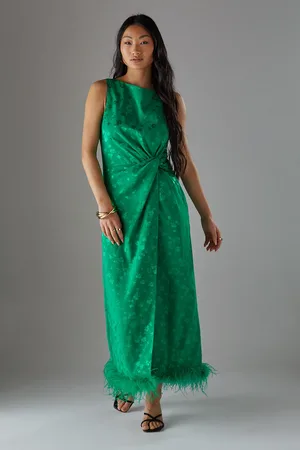warehouse Petite Satin Jacquard Feather Twist Front Cowl Back Midi Dress