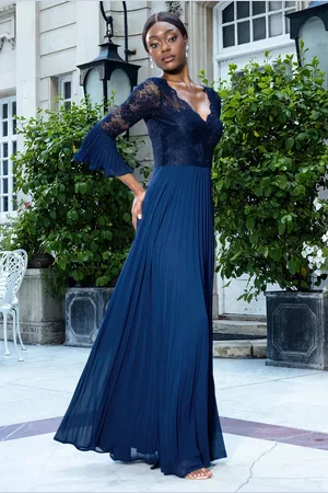 Goddiva Scalloped Lace Bodice Pleated Chiffon A Line Maxi Dress