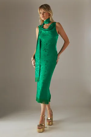 warehouse Satin Jacquard Cowl Scarf Neck Fringe Midi Slip Dress
