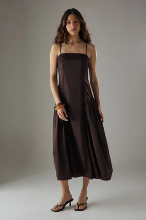warehouse Satin Lace Trim Detail Godet Strappy Midi Dress
