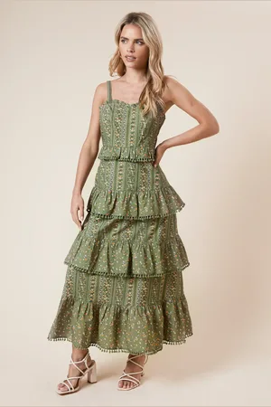Dorothy Perkins Petite Linear Floral Printed Ruffle Pom Pom Midi Dress