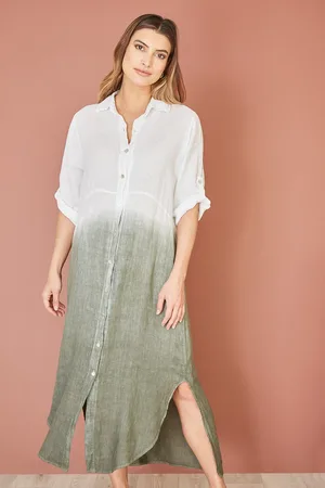 Yumi Italian Linen Hand Dip Dyed Midi Shirt Dress With Turn Up Sleeves