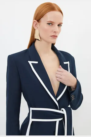 Karen Millen Compact Stretch Tailored Belted Tipped Detail Blazer