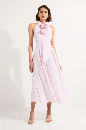 Karen Millen Stripe Cotton Woven Sleeveless Shirt Maxi Dress With Rosette
