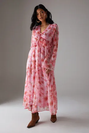 warehouse Ruffled Plunge Neck Midi Dress