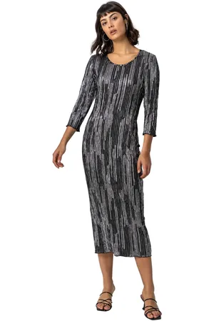 Roman Foil Stripe Print Chiffon Plisse Midi Dress