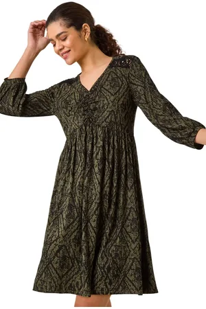 Roman Abstract Print Lace Trim Stretch Dress