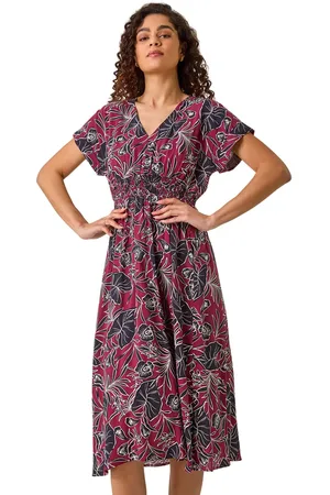 Roman Abstract Leaf Print Shirred Midi Dress