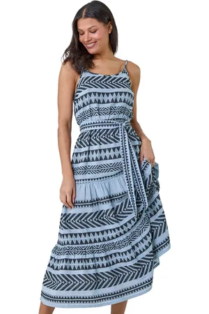 Roman Aztec Cotton Tiered Midi Dress