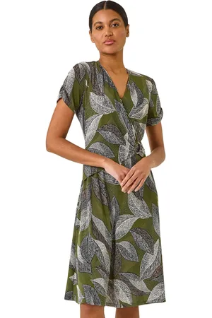 Roman Leaf Print Ring Detail Midi Dress