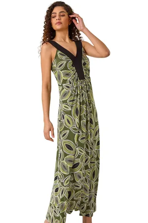 Roman Leaf Print Contrast Band Maxi Dress