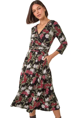Roman Floral Print Wrap Front Midi Dress